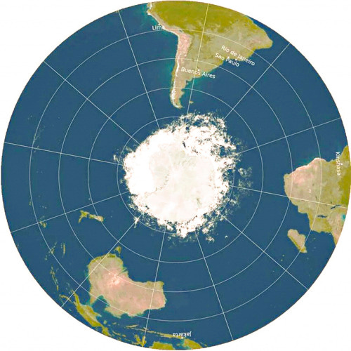 a flat world map looking at antarctica and the southen hemisphere