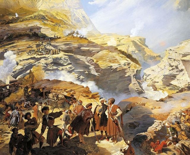 A battle between Russian troops and Circassians near Akhatl, May 8th 1841, by Grigory Gagarin.