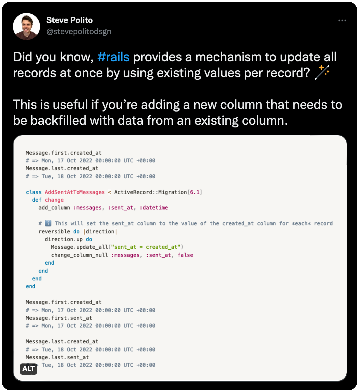 Did you know, #rails provides a mechanism to update all records at once by using existing values per record? 🪄 This is useful if you’re adding a new column that needs to be backfilled with data from an existing column.