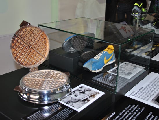 The waffle iron Bill Bowerman used to a prototype a dimpled rubber sole for  running shoes. The waffle trainer became a best seller and helped put  Bowerman's company Nike the map. :