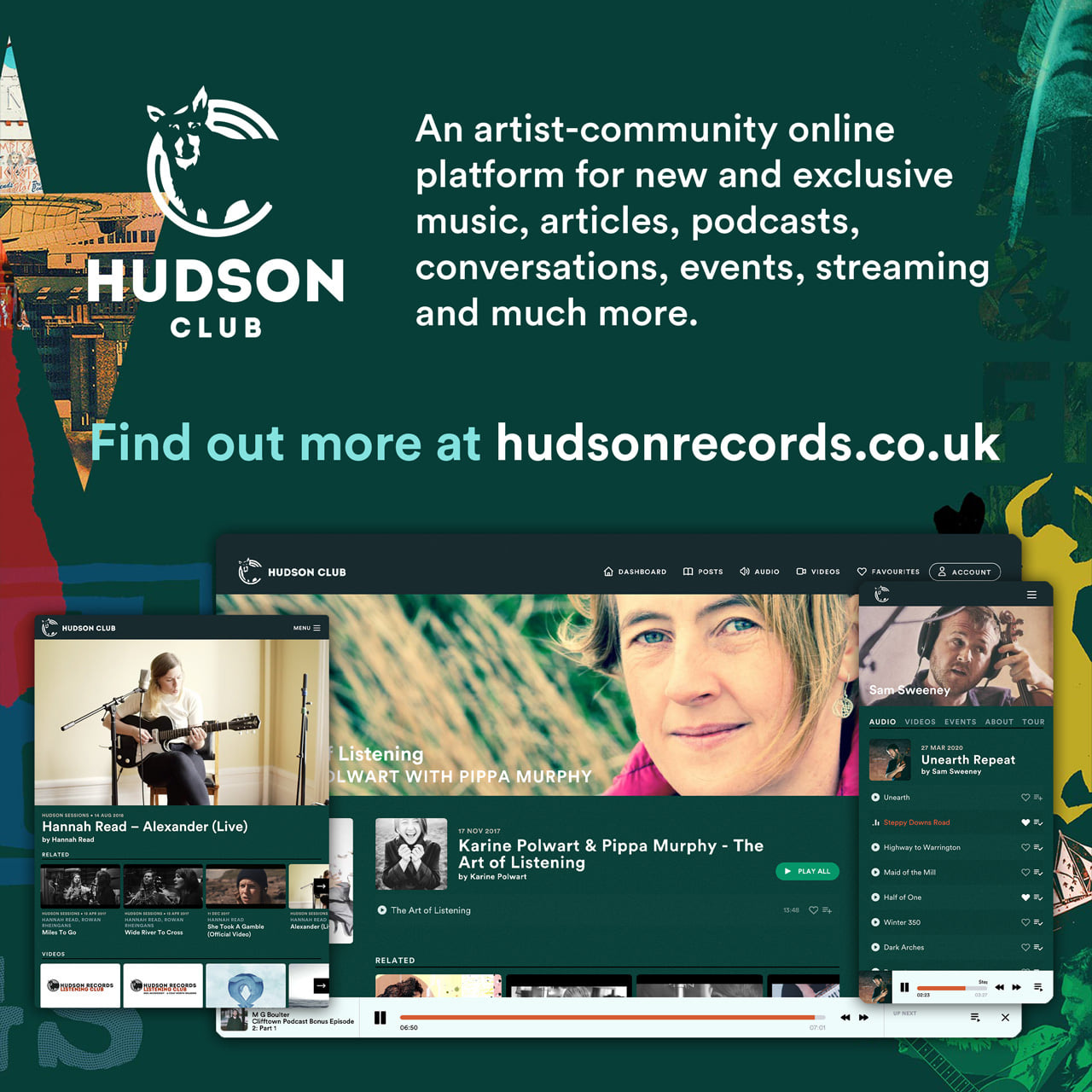 May be an image of 5 people, screen and text that says "An artist-community online platform for new and exclusive music, articles, podcasts, conversations, events, streaming and much more. HUDSON CLUB Find out more at hudsonrecords.co.uk HUDSON CLUB HUDSONCLUB ACCOUNT Hannah Read Alexander (Live) Listening LWART WITH PIPPA MURPHY SamSweeney Repeat Karine Ûort& Pippa Murphy The L ©ThAListening OLPRPECO IPEN"