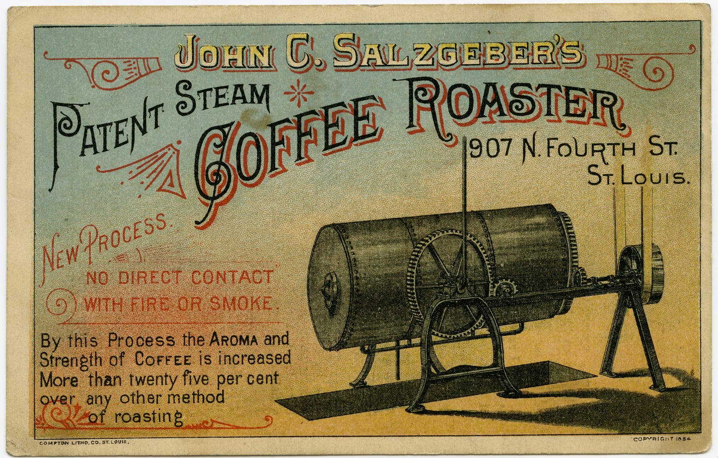 A vintage coffee roaster advertisement. Illustrated coffee roaster with information about the process.