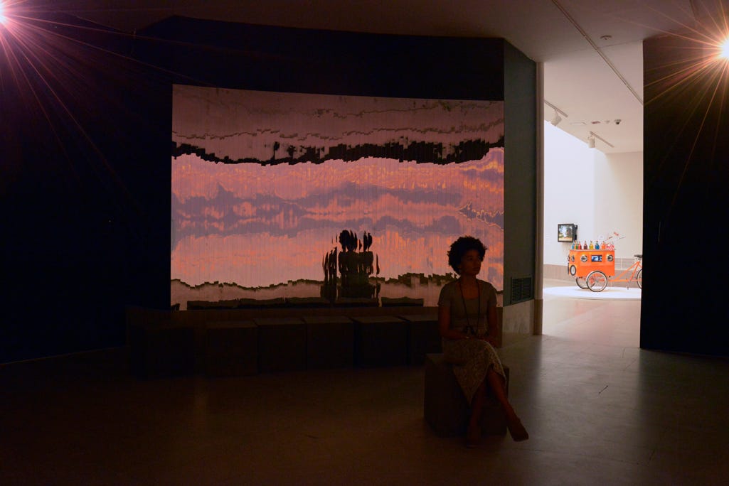  Installation view:  In Your Absence The Skies Are All the Same , 2014. HD video with 4-channel sound, mirrors. 29 x 29 x 13'&nbsp; 