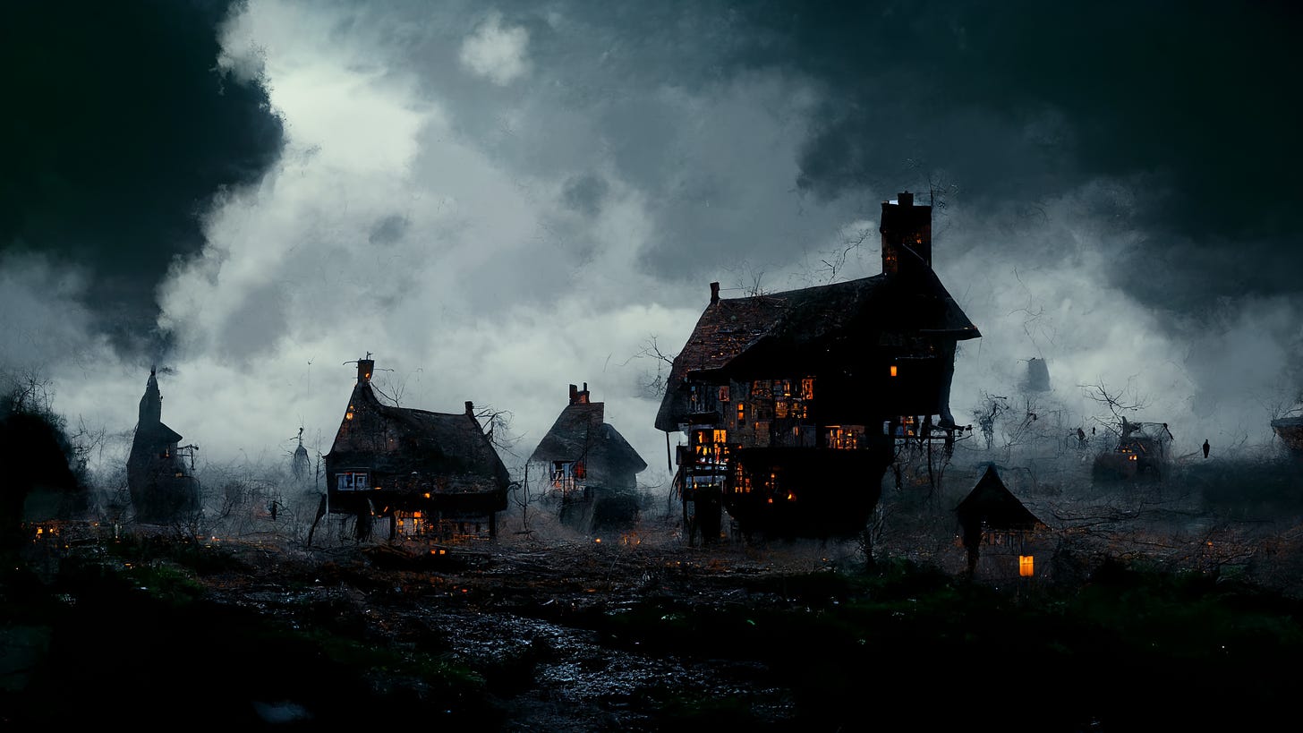 a medieval village in the darkness of night