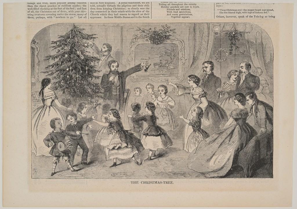 Wood engraving featuring a celebratory Christmas scene. A decorated Christmas tree appears in the upper-left part of the image, and a young man is in the process of adding ornaments. Children romp around, and adults dance on the right side of the image. It's a gleeful scene.