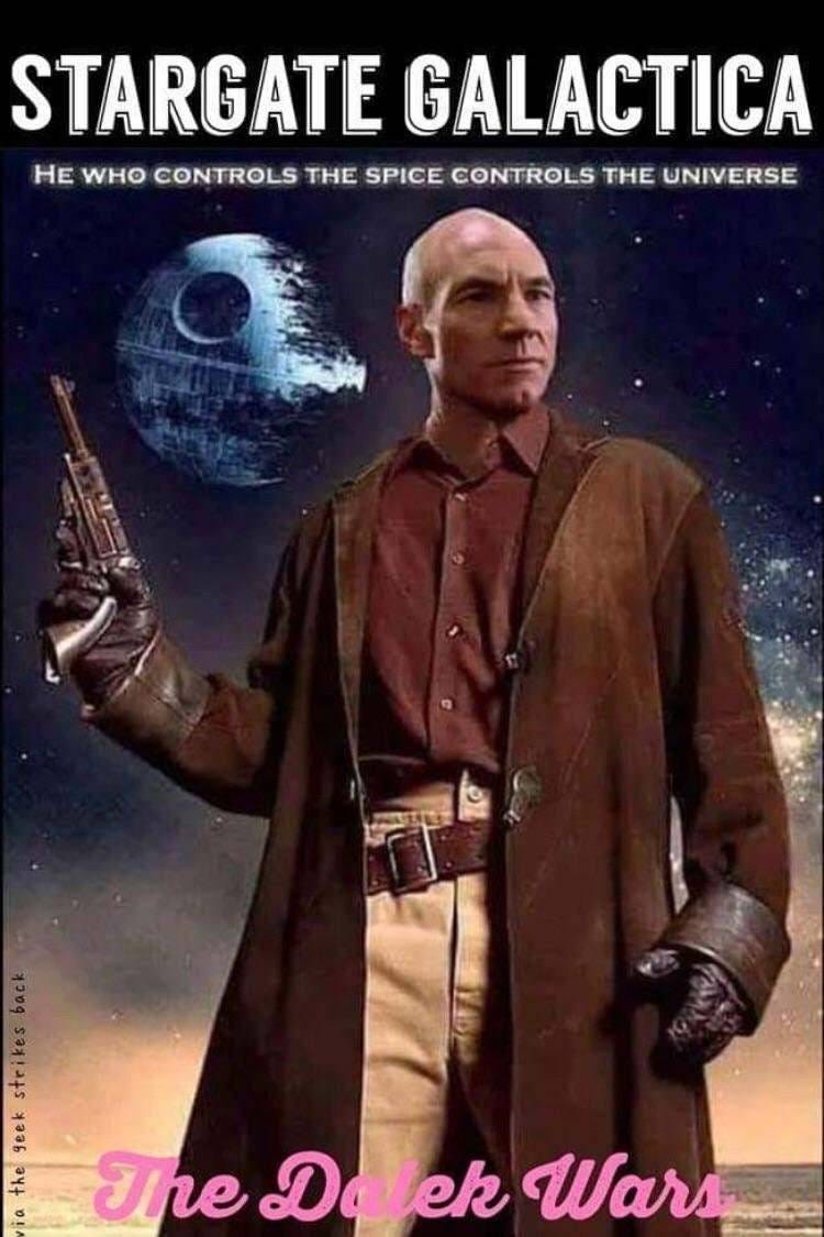 A movie poster with Patrick Stewart (Captain Picard from Star Trek: The next generation) dressed as Malcolm Reynolds from Firefly with the Death Star in the back ground and the title:

Stargate Galactica: He who controls the Spice controls the Universe – The Dalek Wars