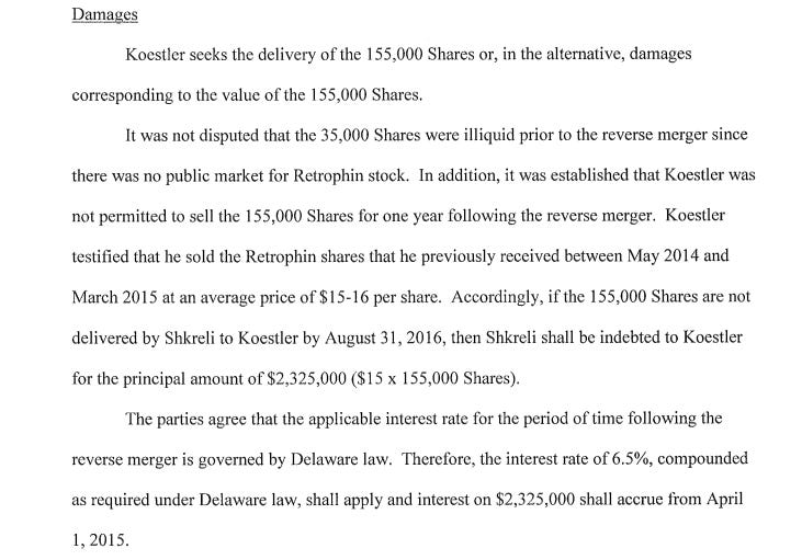 A section of a ruling in which Martin Shkreli was ordered to pay Thomas Koestler $2.3 million plus interest.