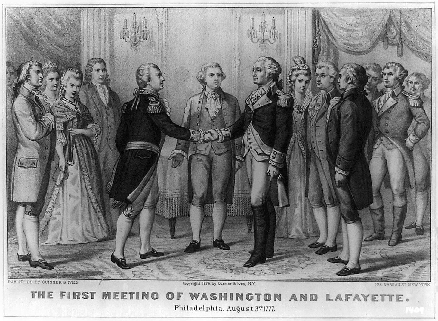 Currier & Ives print: The First Meeting of Washington and Lafayette, Philadelphia, August 3rd, 1777.