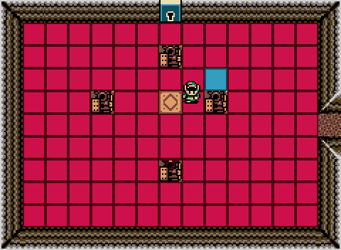 A rectangular room with a 9 by 13 grid of squares on the floor, most of which are red, but one is blue. Four statues block individual tiles. A yellow tile is present near the center of the grid. An open entrance is present on the right wall, and a locked exit door is present on the top wall. A character named Link is standing a couple tiles away from the blue tile.