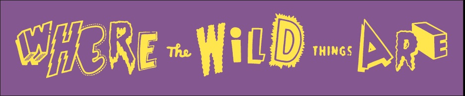 A banner with the name of the bookshop 'Where The Wild Things Are' in yellow writing on a purple backdrop