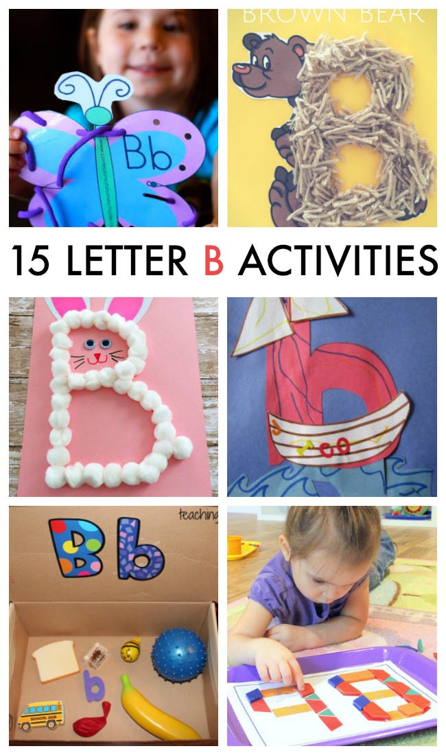 15 Letter B Crafts & Activities- collage of 5 pictured letter b crafts for preschool kids including b is for butterfly lacing card, b is for bear, b is for bunny, b is for boat, upper case and lower case B what starts with B, and letter b tracing pages. - Kids activities blog