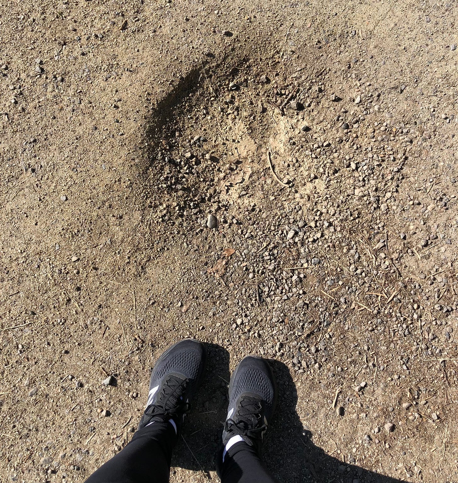 a view of the ground, which is dirt with a circular divot in it, with a pair of black sneaker-wearing feet in view