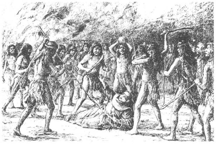 Drawing of Native Californian's fighting the priests in San Diego