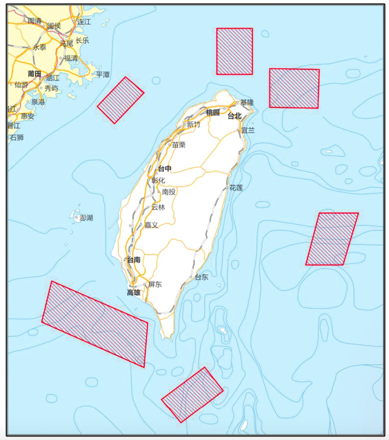 The locations of the Chinese naval fleet around Taiwan conducting live fire exercises August 4-7