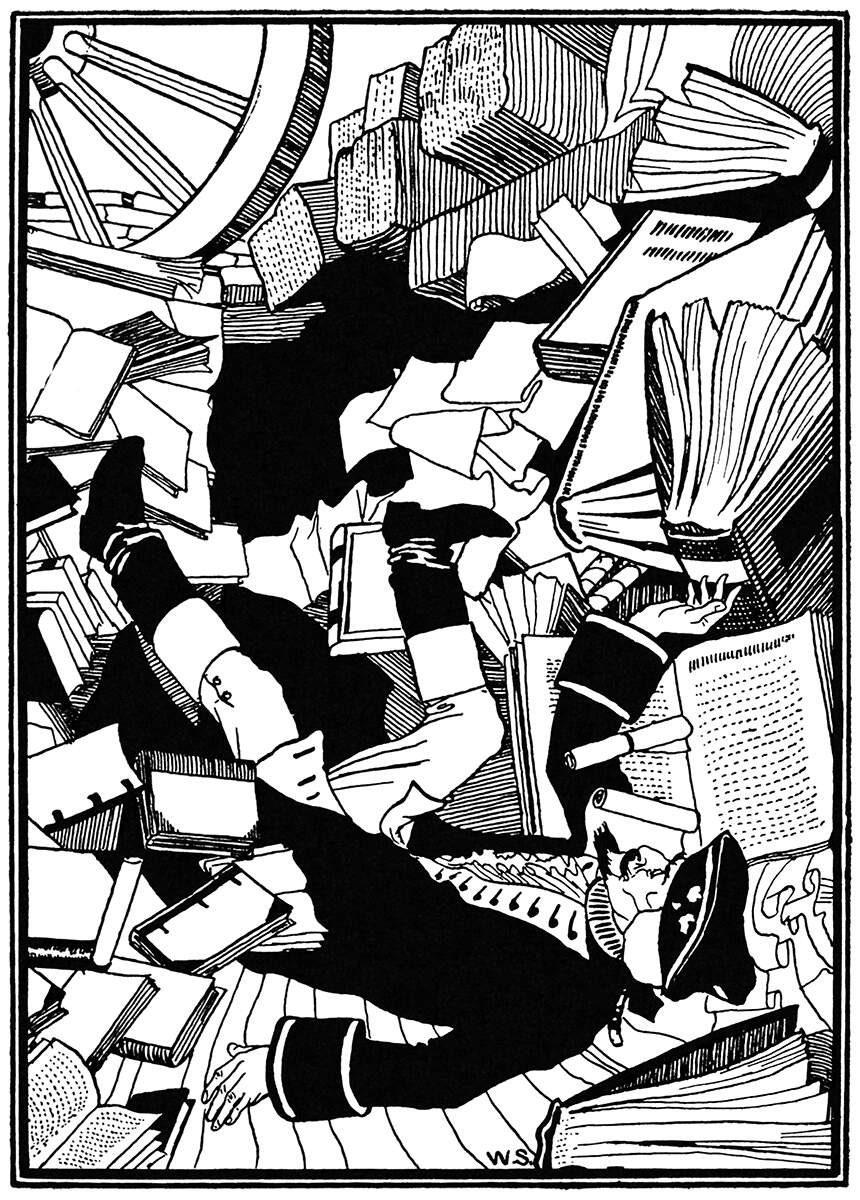 Man  and books falling everywhere