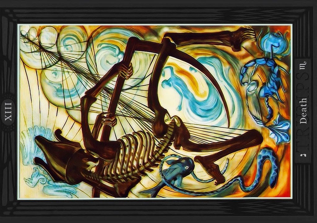 tarot card 13, depicting death as a skeleton with a scythe