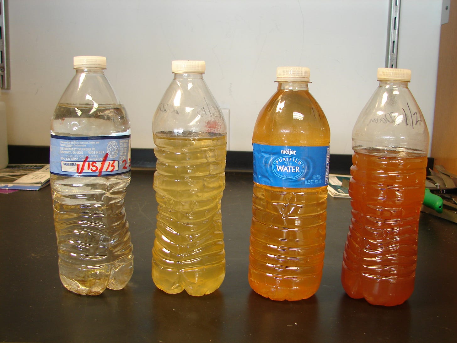 This image provided by FlintWaterStudy.org shows water samples from a Flint, Mich. home. The bottles were collected, from left, on Jan. 15 (2), Jan. 16 and Jan. 21, 2015. (FlintWaterStudy.org)