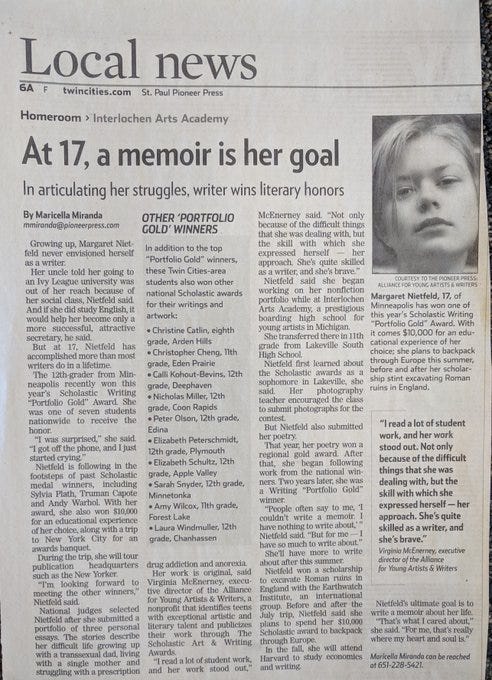 "At 17, a memoir is her goal" newspaper article