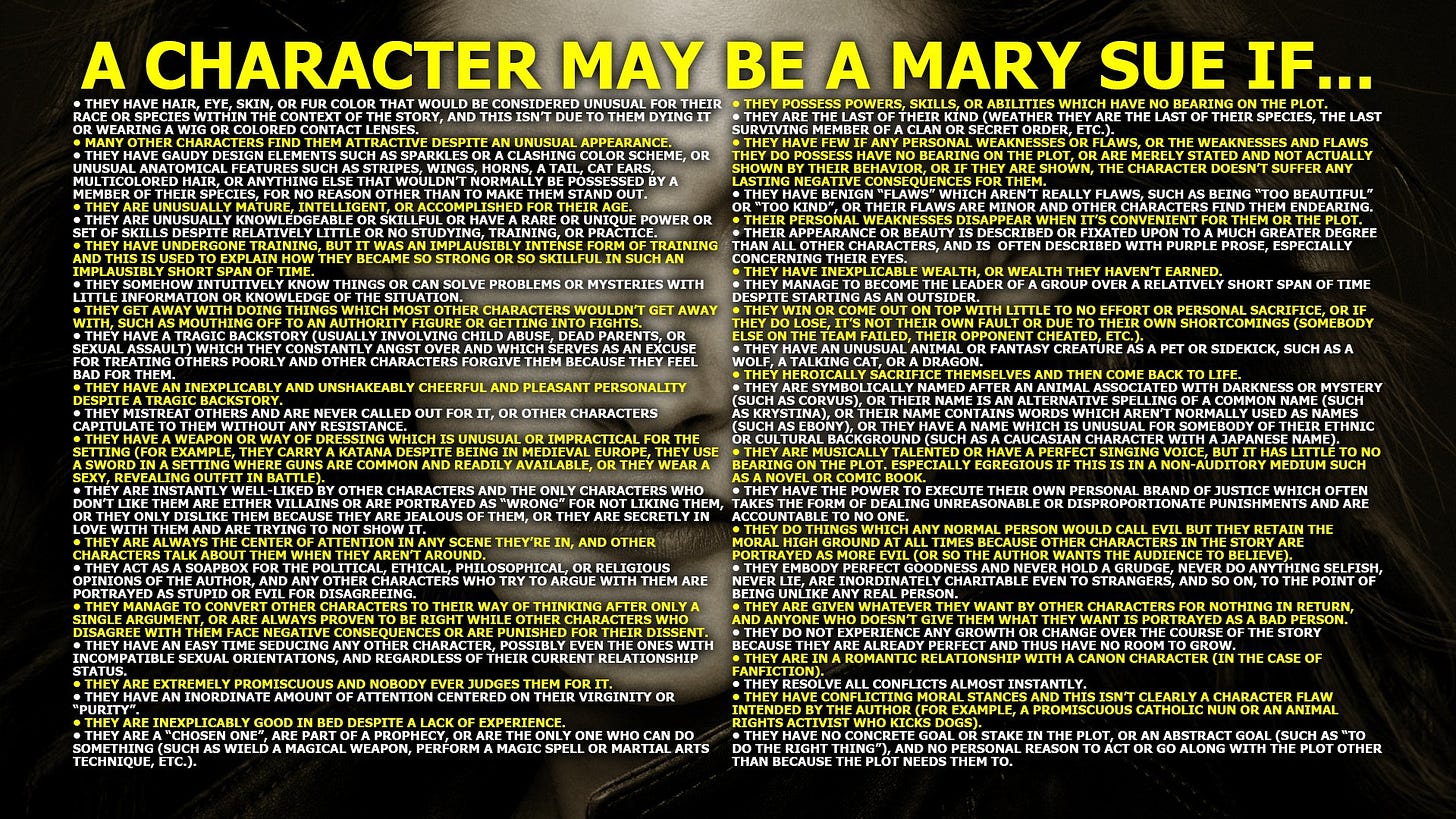 Possum Reviews on Twitter: "Here's a list of common Mary Sue traits. A  character isn't automatically a Mary Sue just because they have one or two  of these traits, but some of