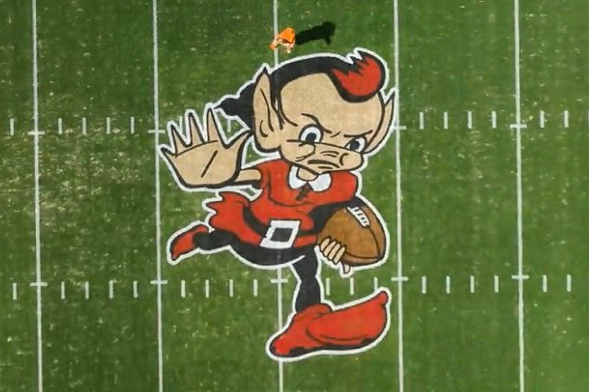 Browns introduce midfield artwork which is: Brownie the Elf - Dawgs By  Nature