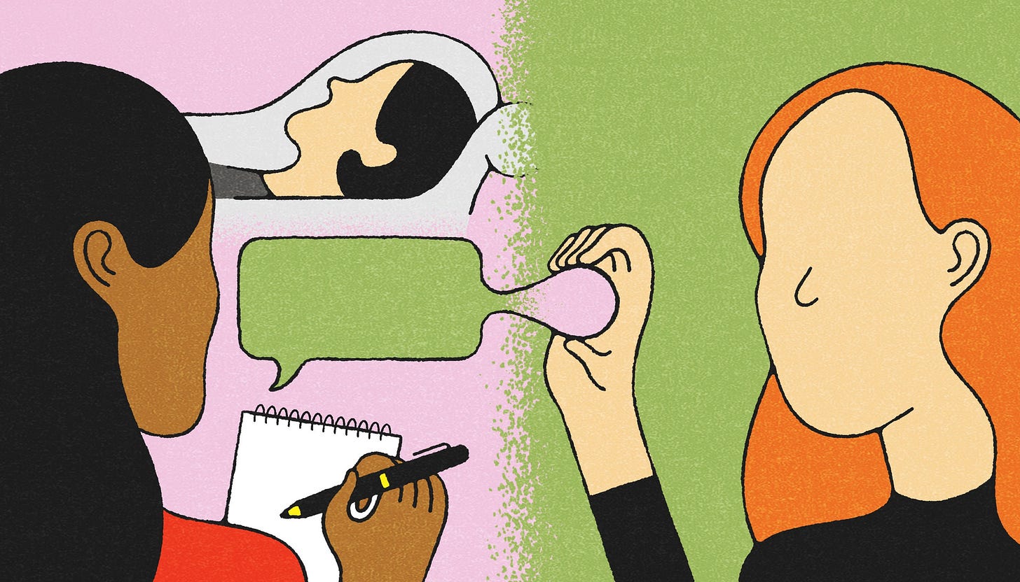 A therapy session with a speech bubble being extracted by another person.