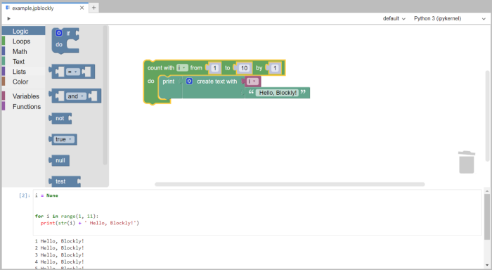 Screenshot of the JupyterLab-Blockly extension, running a simple code