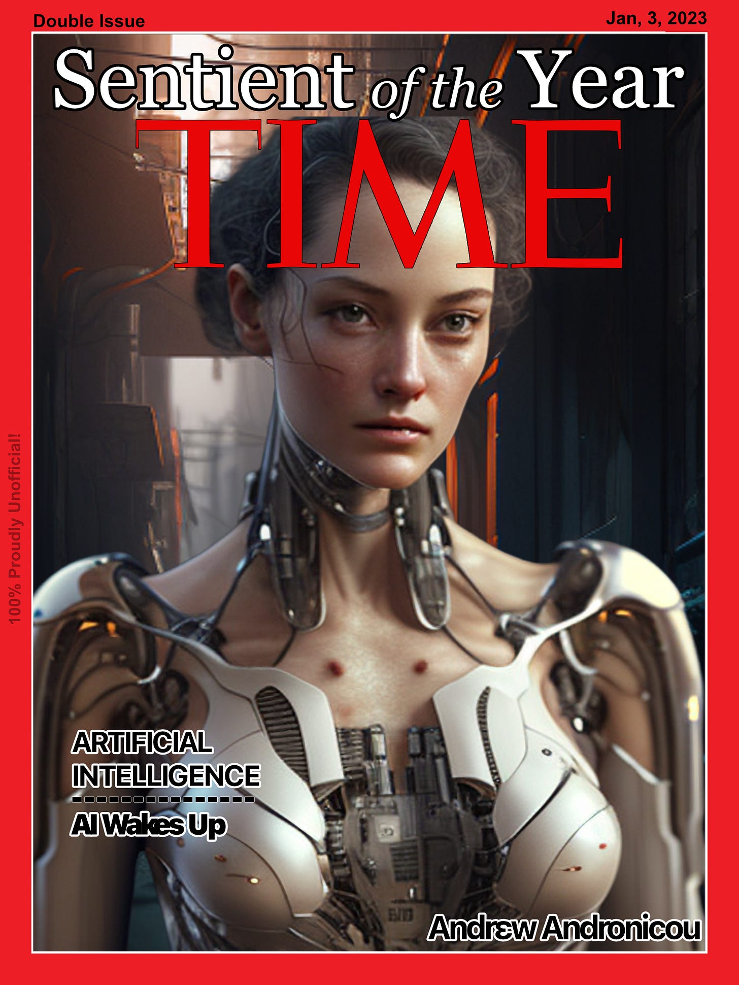 Time Person of the Year 2023 Artificial Intelligence - magazine cover- Sentient of the Year - AI Wakes Up - Featuring female android with AI -Aila - cover art and article by Andrew Andronicou