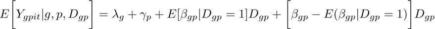 E \bigg [Y_{gpit} | g,p,D_{gp} \bigg ] = \lambda_g + \gamma_p + E [\beta_{gp}|D_{gp}=1]D_{gp} + \bigg [ \beta_{gp} - E(\beta_{gp}|D_{gp}=1) \bigg ] D_{gp}