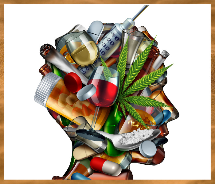Graphic picture of a persons head made up of all types of addiction substances.