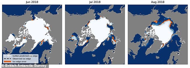 IceNet figure shows the shrinking ice in the Arctic north of Europe. Sea ice in both the north pole and south pole naturally expands in the winter and shrinks in the summer - but the overall ice has declined in the last 40 years