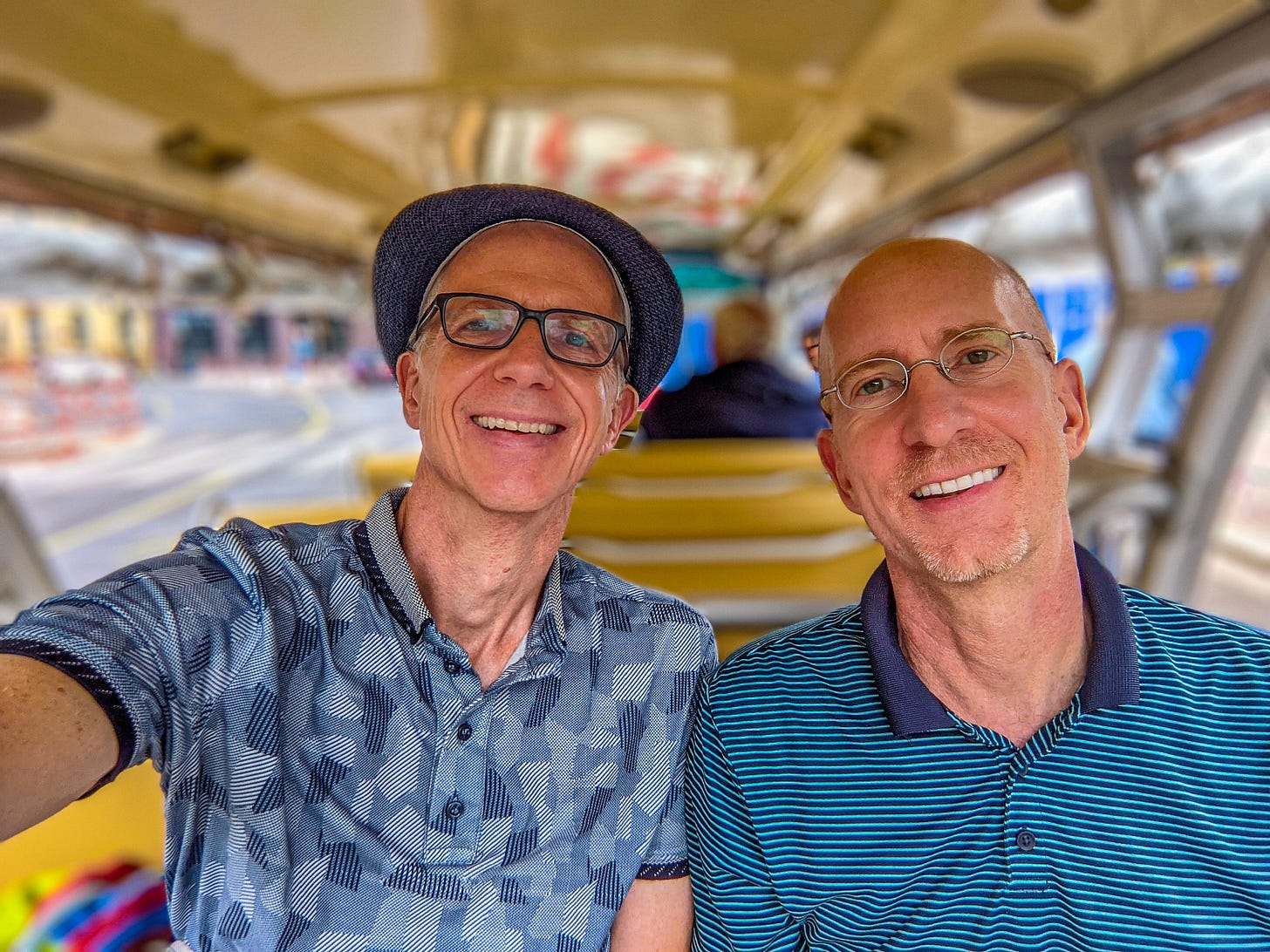 Brent and Michael riding a tram in Budapest are definitely two weird foreigners. 