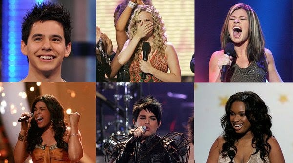 Clockwise from top left: David Archuleta, Carrie Underwood, Kelly Clarkson, Jordin Sparks, Adam Lambert, Jennifer Hudson.