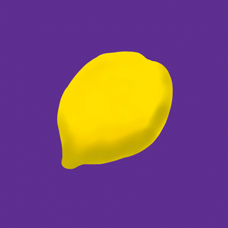 Year 5, Number Eight, 38. Purple Yellow. An animated loop of a lemon on a purple background twitching and then being still. 