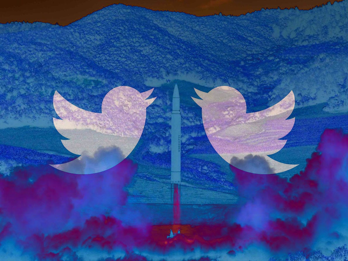 Illustration of two Twitter Logo birds superimposed over a photograph of an ICBM taking off.