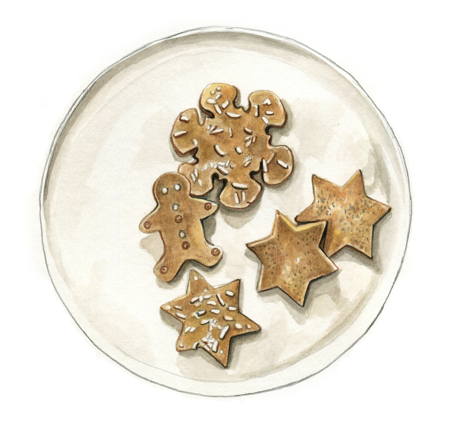 A watercolor painting of a white plate with 5 cookies on top, cut in stars, gingerbread and snowflake shapes