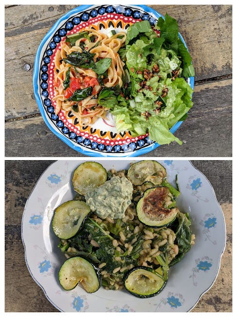 a plate of fresh pasta, tomatoes and basil with a side salad, and a second photo of pesto risotto