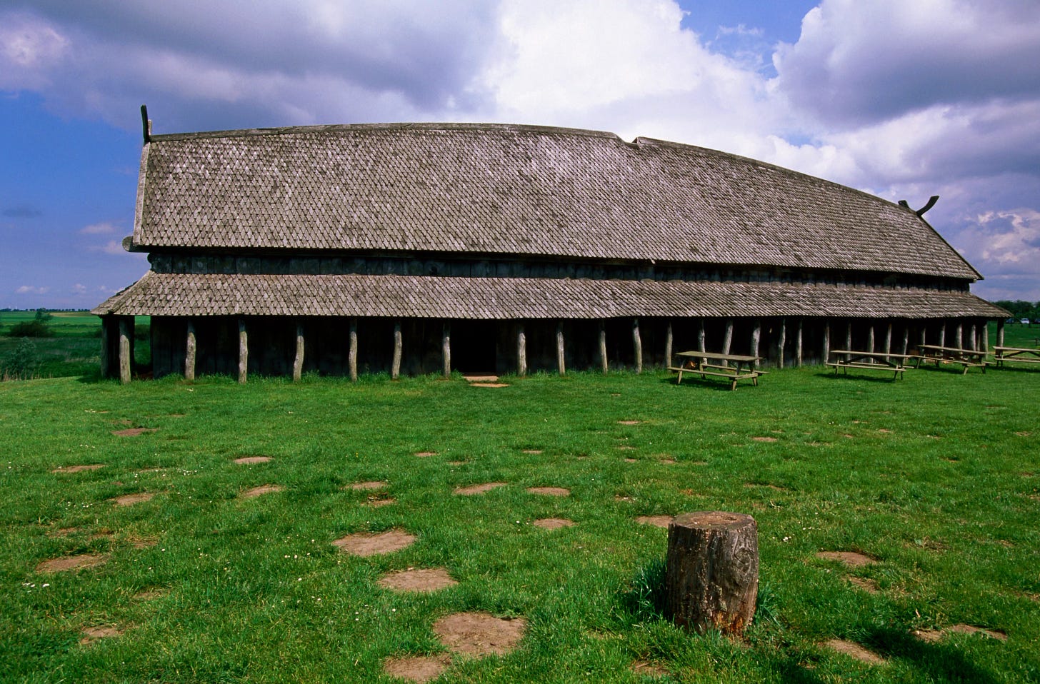 Longhouse in stave style at Viking Ring Fortress (960), Trelleborg, West Zealand, Denmark, Europe