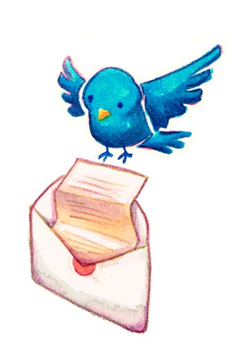 Un pájaro azul vuelva encima de un sobre abierto con una carta