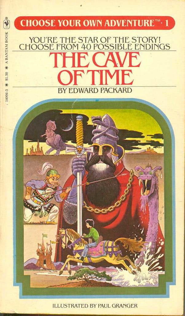Cover of "The Cave of Time" by Edward Packard. "Choose your own adventure returns!!" by Ian Kershaw is licensed under CC BY-NC-ND 2.0 