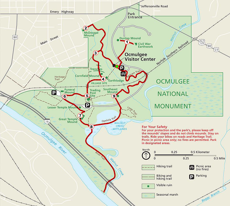 Map of Ocmulgee Mounds National Historic Park with Norfolk Southern Railroad bisecting the middle of it. Map courtesy of National Park Planner.