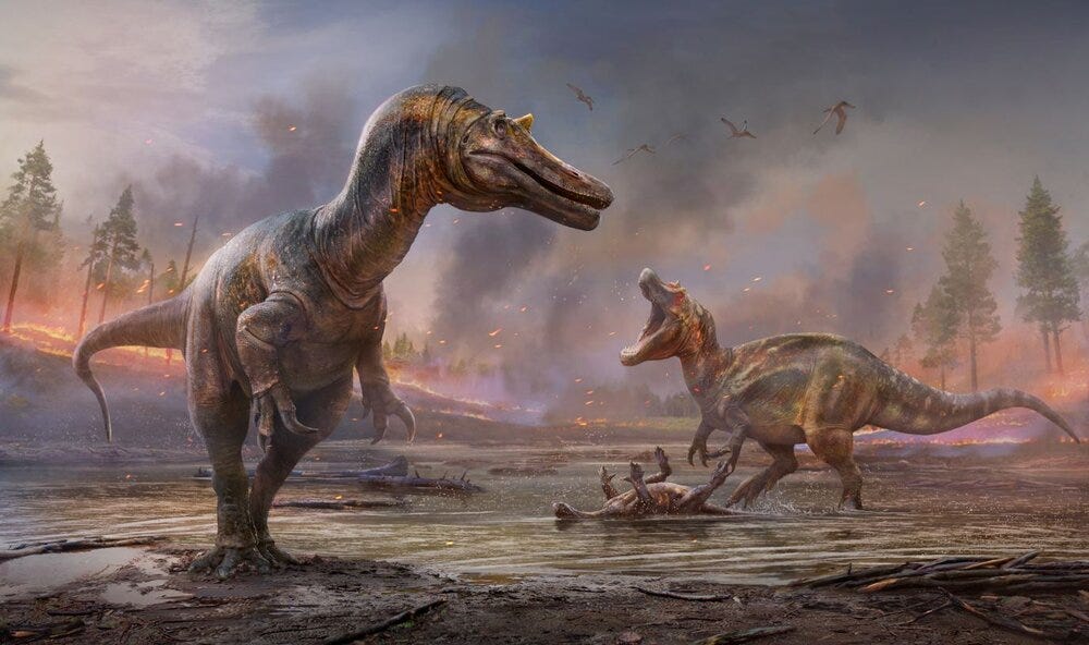 Caption: life reconstruction of Ceratosuchops (at left) and Riparovenator, shown sharing a flooded depression on the Wessex Formation floodplain. Image: Anthony Hutchings.