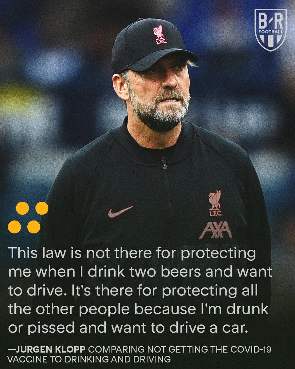 B/R Football on Twitter: &quot;Jurgen Klopp shares his thoughts on the COVID-19  vaccine by comparing being unvaccinated to drinking and driving.… &quot;