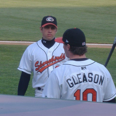 While he doesn't normally need a bat, it made a good prop in this discussion with fellow Shorebird hurler Sean Gleason.