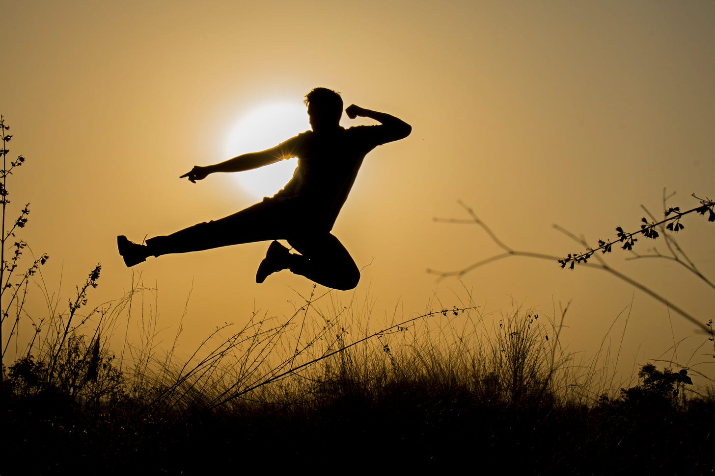 Free Silhouette of Man Doing Kick Jump during Sunset Stock Photo