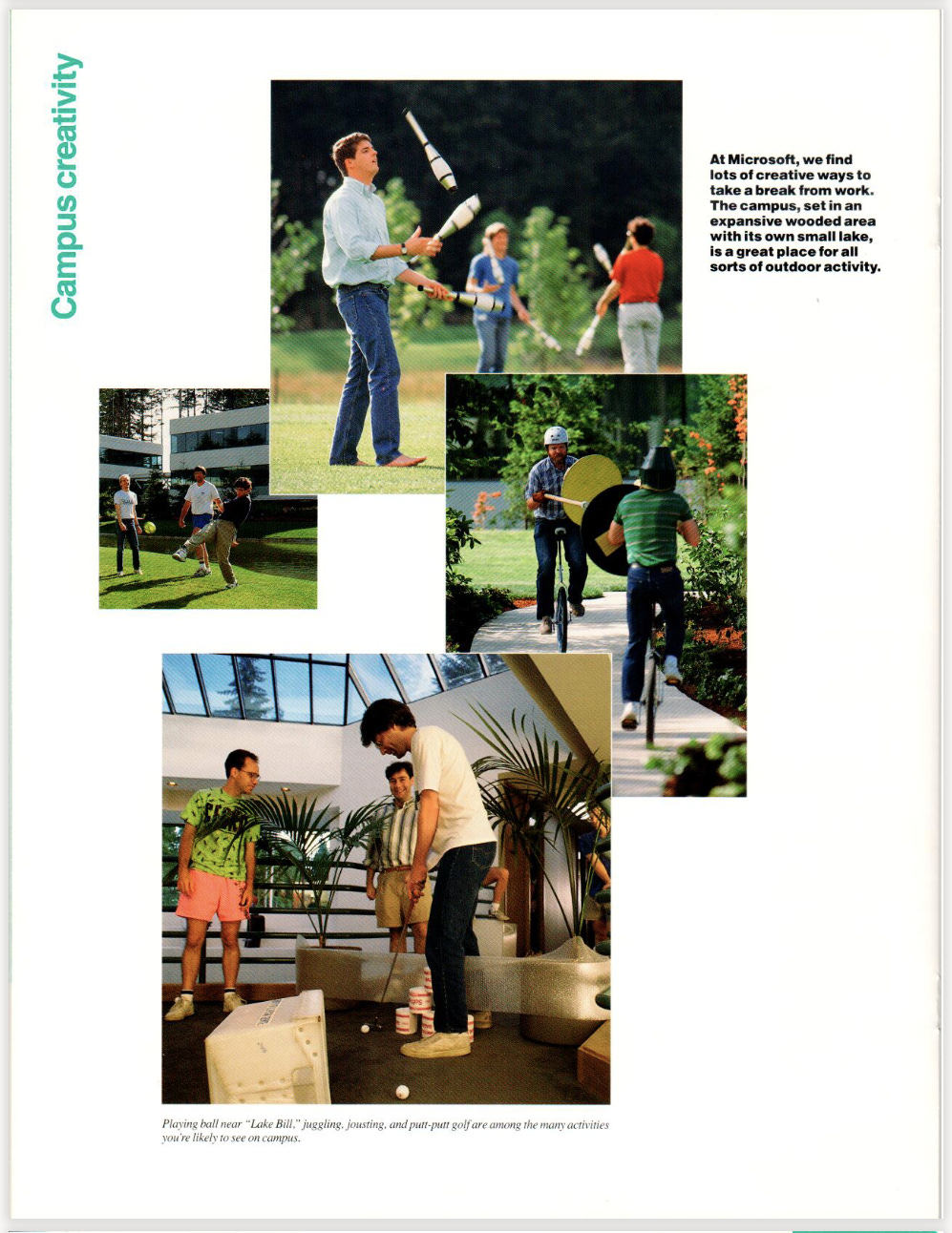 Page from a brochure featuring four photos. One is of people juggling in sunshine. One is people playing soccer, but wearing work clothes. Another are two people medieval jousting on unicycles. The final photo are several people putting golf balls in a hallway.
