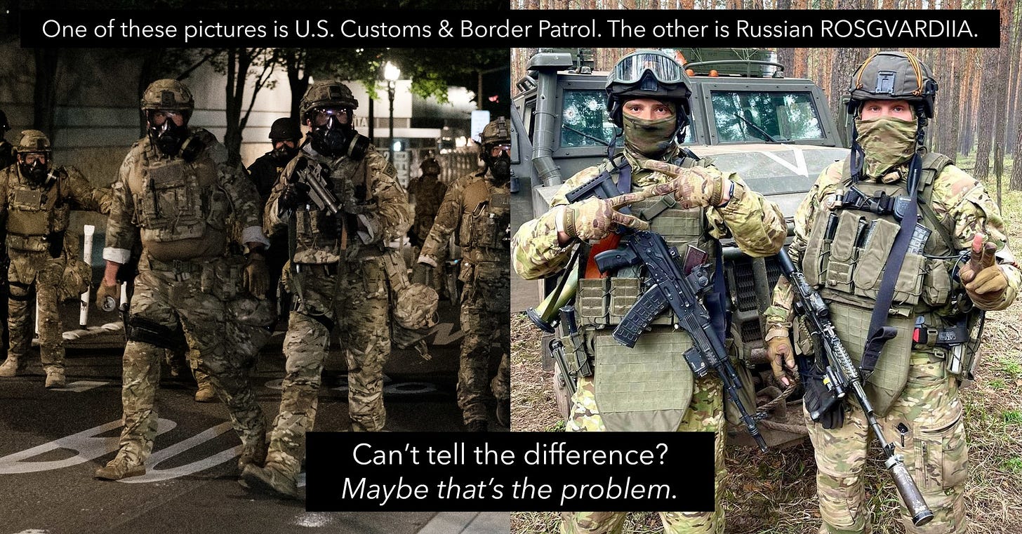 May be an image of 5 people and text that says 'One of these pictures is U.S. Customs & Border Patrol. The other is Russian ROSGVARDIIA. Can't tell the difference? Maybe that's the problem.'