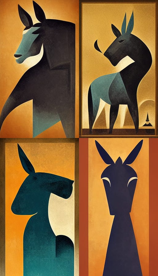 Art Deco donkeys AI generated art.
