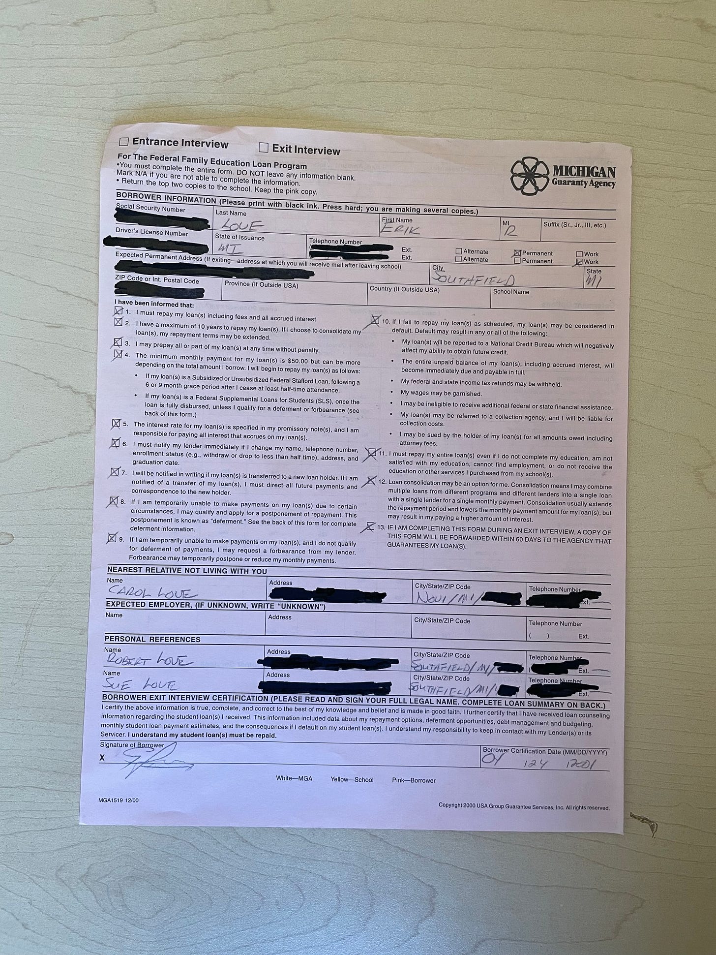 The pink "exit interview" form.