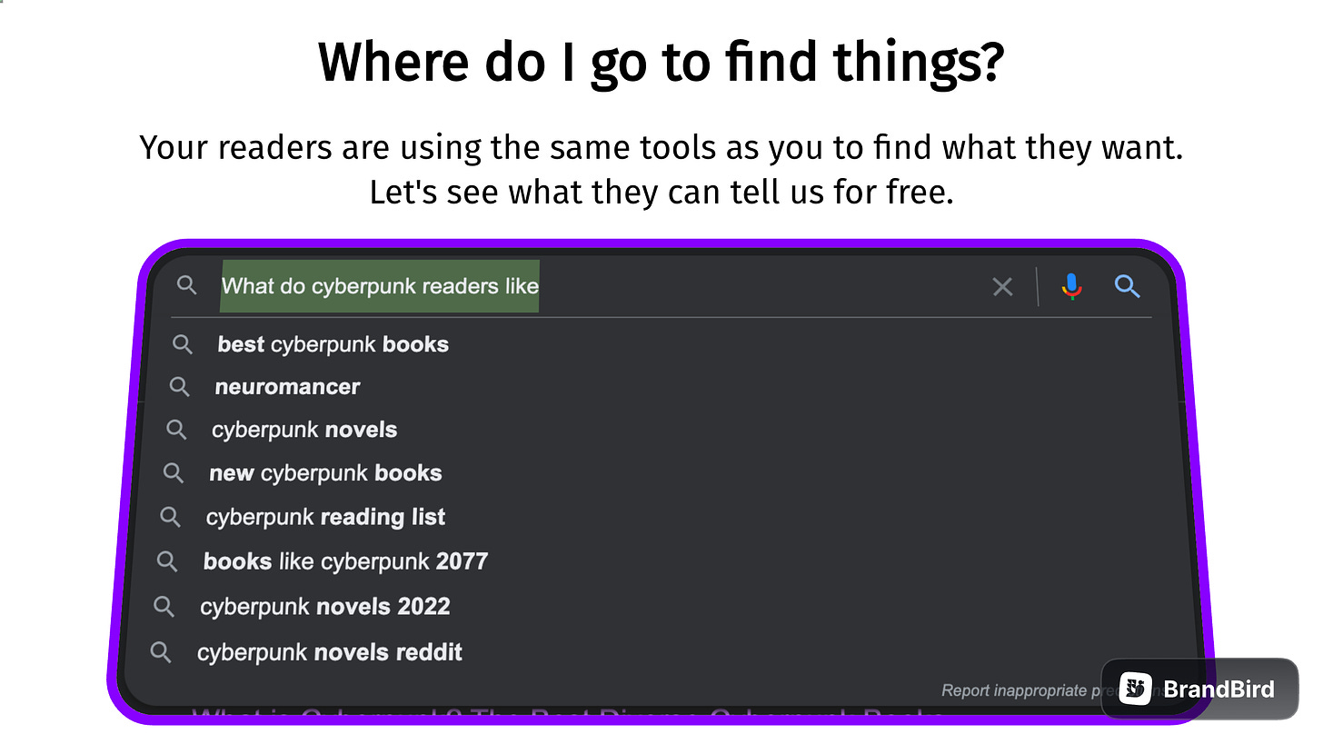 Google search suggestions for What do cyberpunk readers like