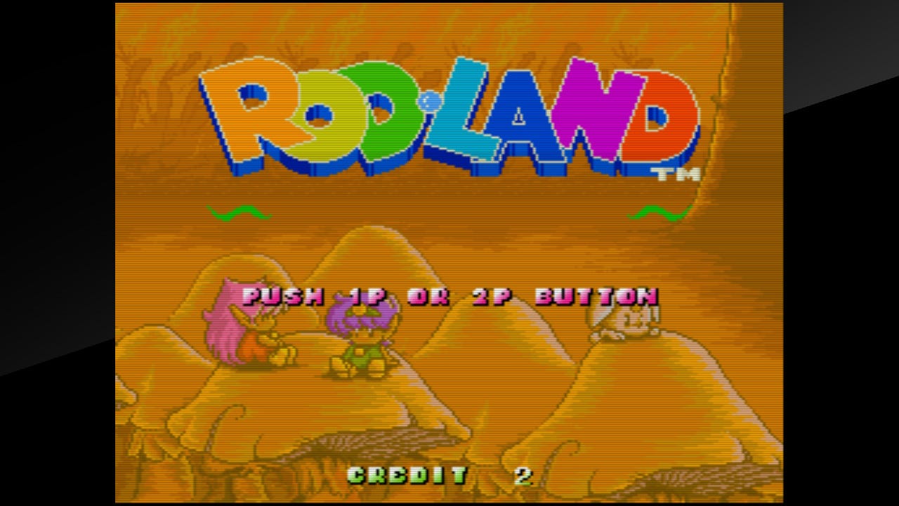A screenshot of Rod Land's title screen, featuring the two playable characters sitting on a large mushroom underneath the game's logo.